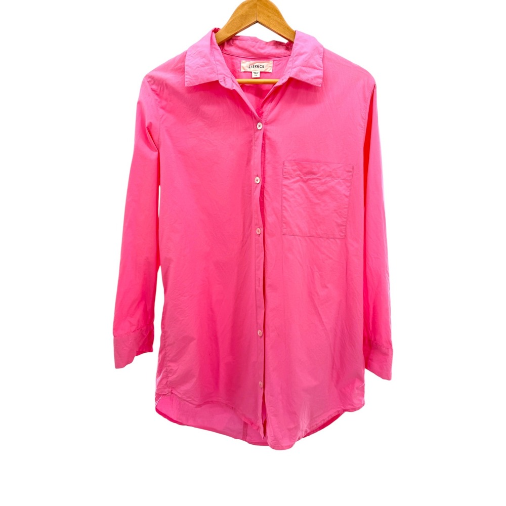 L Space Womens Neon Pink Cotton Button Down Shirt Long Sleeve Relaxed Fit MD